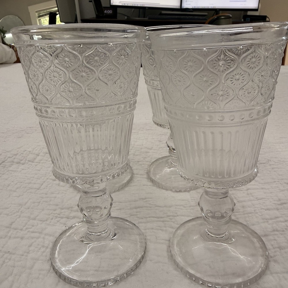Vintage Clear Pressed Glass Goblets Set of 4 Stemmed Textured Pattern Decorative