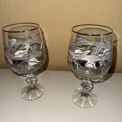 VTG Crystal Brandy Cognac Snifter 3 Glasses~Hand Painted Grapes Vine Silver Rim