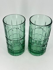 2 – ANCHOR HOCKING TARTAN GREEN PLAID 16 OZ BEVERAGE 6″ ICE TEA GLASSES TUMBLERS
