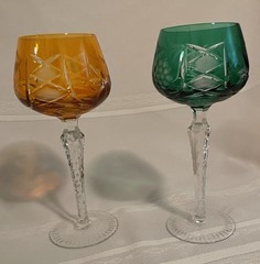 Pair of Bohemian Cut To Orange And Green Wine Glasses