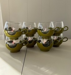 Vintage Pyrex Avocado Green Roly Poly Glasses with Holders Set of 8