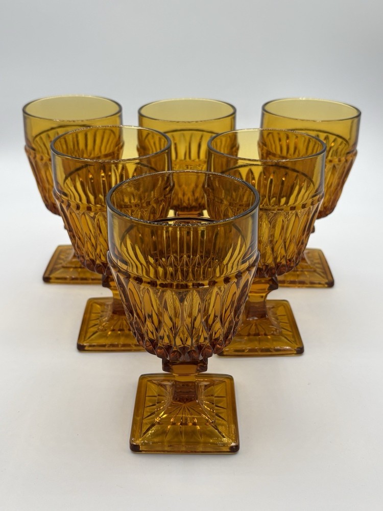 6 Vtg Retro Indiana Glass Mt. Vernon Amber 5 1/2” Wine Goblets Square Footed