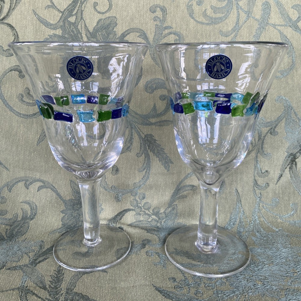 Block Basics Harlequin II Blue Green Squares Water Goblets, New set of 2