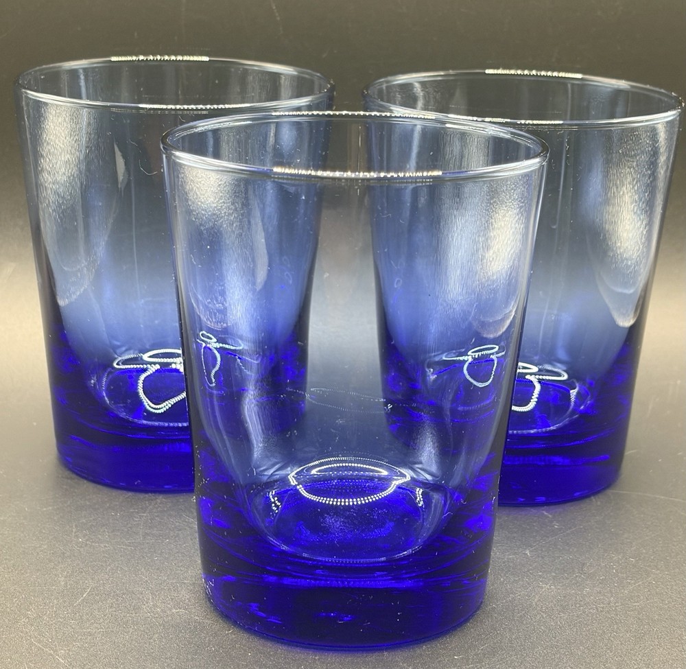 3 Vtg Libbey Flare Cobalt Blue 14 Oz Old Fashioned Glasses, Blown, USA, 4.5”