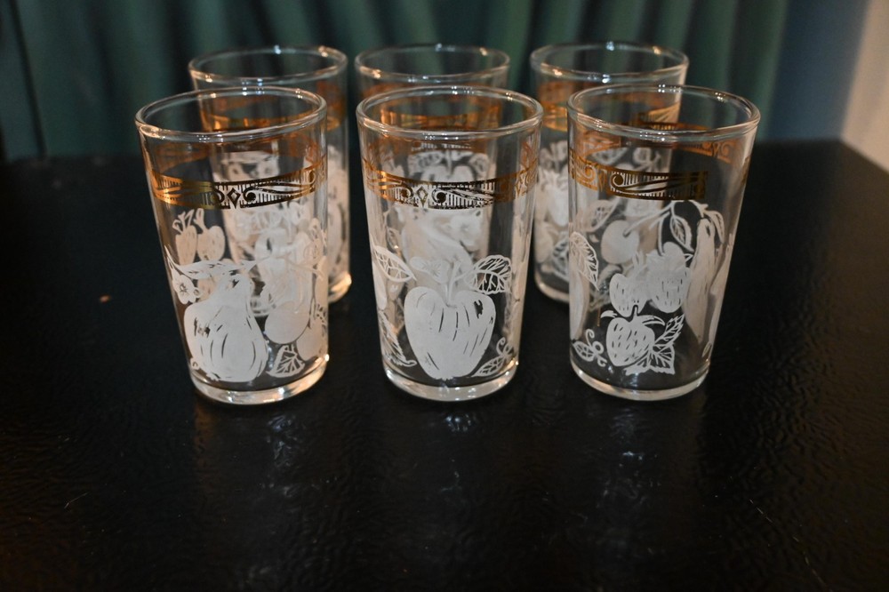 6 Federal Glass White Fruit With Gold Trim Juice Glasses MCM