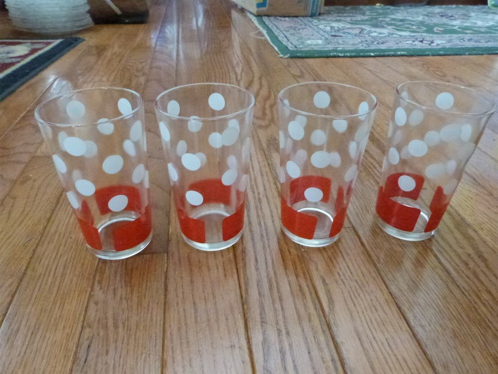 4 VINTAGE MCM Libbey Glass Tall Glasses Red White Dots Stripes 5″