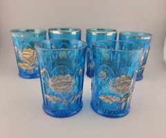 6 Antique Vintage Northwood Glass Blue Oriental Poppy Gold Tumblers 4 1/4″ Tall