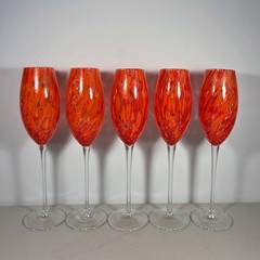 Set of 5 Orange/Red Confetti Blown Glass Champagne Flutes Glasses Murano Style