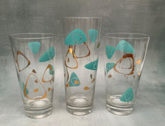 3 Vintage MCM Federal Amoeba Boomerang Tumbler Glasses Turquoise Gold