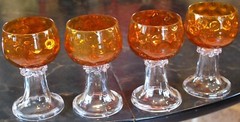 Set 4 Hand Blown ORANGE OPTIC COIN DOT GLASS Water Goblets EMPOLI ITALY 1960s