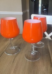 Vintage Carlo Moretti Murano art glass Orange White lined clear stem MCM Set 3