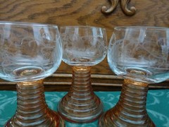3 Roemer Beehive Wine Glasses Marigold Amber Etched Grapes Bacchus Germany