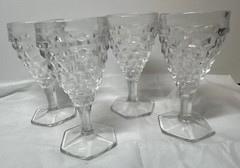 Vintage Clear Glass American Fostoria Hexagon Base Stem Wine Juice Glasses 4