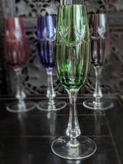 Vtg Ajka Rene Green Cut Clear Bohemian Crystal Champagne Flute Stemware Glass