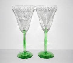 2 Tiffin Swirl Optic Green Uranium Stem Tall Wine Water Goblets Glasses 8.5″