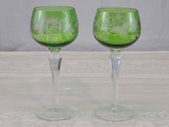 2 – Vintage Bohemian Green Cut Crystal Goblet / Wine Glasses Etched 8″
