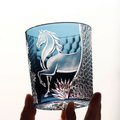 Hand Carved Horse Pattern Whisky Glass 250ml Tumbler Ink Blue