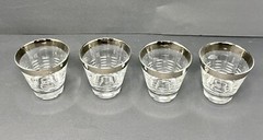 Vintage MCM Set of 4 Silver Rim Etched Double Shot Glasses