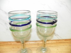 Pair (2) Hand Blown Mexican Wine Glass Water Goblet w/ Blue Aqua and Green Bands