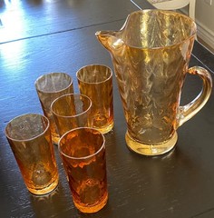 VTG Pitcher & Glasses Serving Set Amber Marigold Swirl Margarita Lemonade, Yea