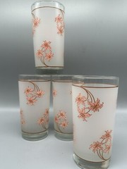 VTG Frosted Floral Tumblers Set 4 Peach Tiger Lily Glasses 12 oz Retro Barware
