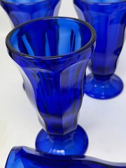 ANTIQUE 5 Cobalt Blue Goblets Panel Footed Glasses Water Ice Cream Ice Tea Malt