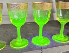 RARE 6 Pc Vintage Uranium Vaseline Yellow Gold Cordial Shot Tiffin RAMBLER ROSE