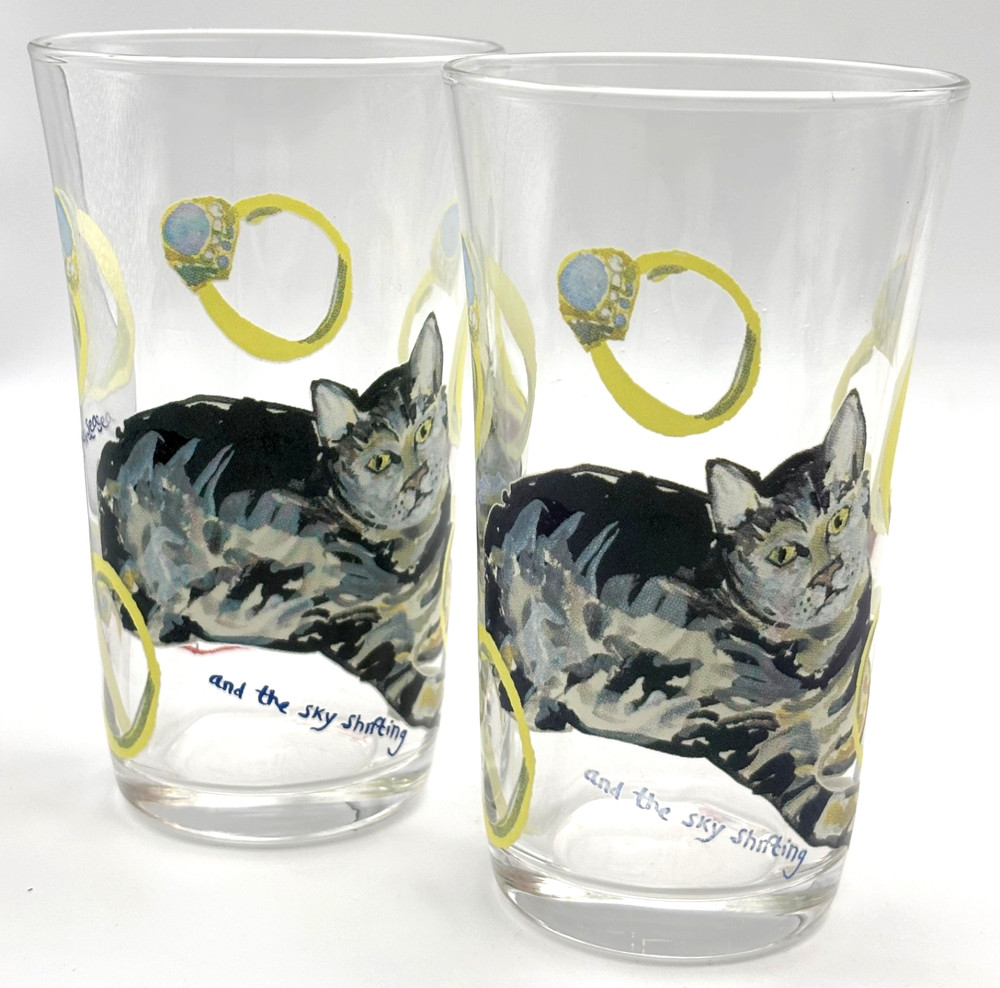 Set of 2 Anthropologie Rebekah Maysles 4.5″ Cat with Rings Juice Glasses *Read