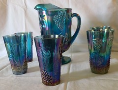 Indiana HARVEST GRAPE BLUE Carnival Glass iridescent PITCHER SET w/7 TUMBLERS