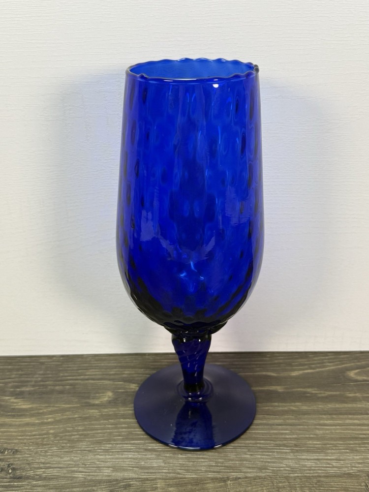 Vintage Cobalt Blue Glass Champagne Flute Goblet Optic Swirl Stem 10”