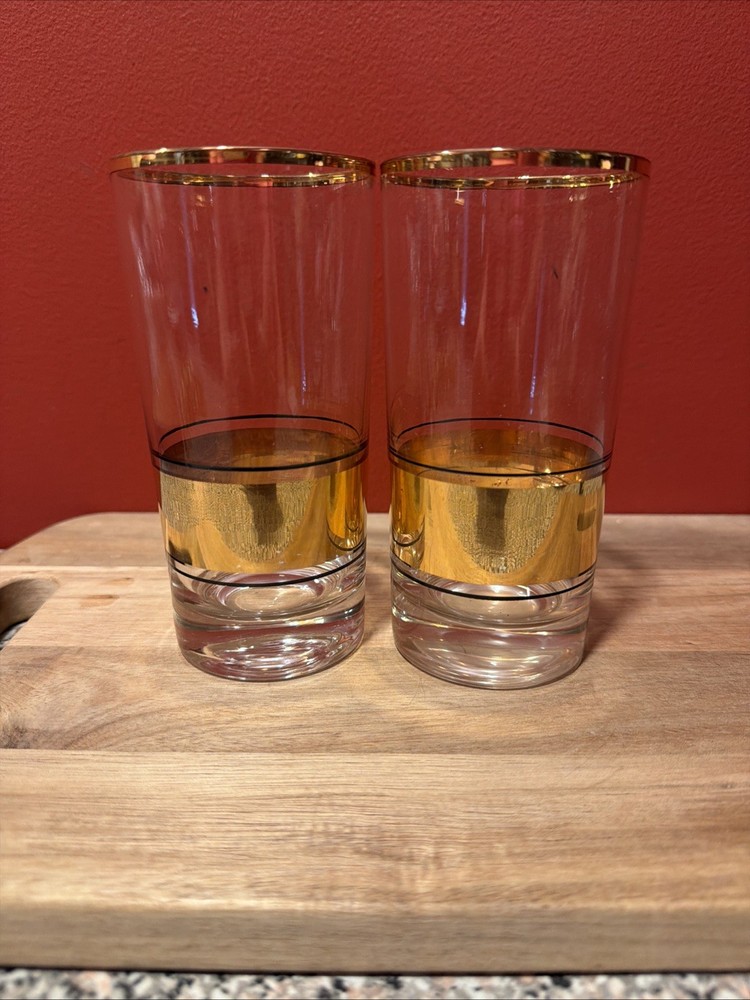 2 Mid-Century Modern Gold Striped Highball Glasses Vintage Bar MCM SH3