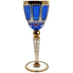 Antique Bohemian Moser Cobalt Blue CABOCHON Wine Glass, 7 7/8″, Gold Trim