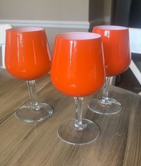 Vintage Carlo Moretti Murano art glass Orange White lined clear stem MCM Set 3