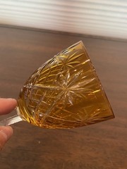 STUNNING VTG Amber Cut To Clear CRISS CROSS & FAN Wine Glass 7.5″H