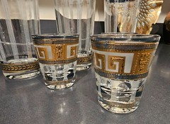 3 each CULVER Greek Key skyball & shot glasses green white gold iced tea Signed