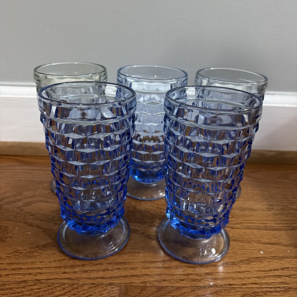 5 Vtg Indiana Glass Whitehall Colony Light Blue Cube 6″ Footed Iced Tea Tumblers