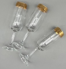 3 CELLINI BLOWN CRYSTAL CHAMPAGNE FLUTES GLASSES HAND DECORATED 24 KT GOLD ITALY
