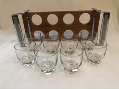 MidCentury Vintage Wood/Chrome Caddy With 8 Glasses