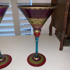 Pier 1 Festive Hand Painted Jewel Tones 2 Martini Glasses Magenta, Teal, Gold
