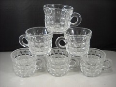 Vintage Clear Glass Punch Bowl Footed Glasses Handle Cube Block Pattern Set of 7