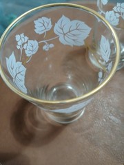 3 vintage Libbey MCM «Ivy Bower» Frosted Grape Leaf glasses with gold trim