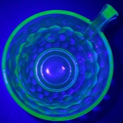 Jeannette Uranium Glass Art Deco Hex Optic Solid Handle Cups 2pc Set Made in USA
