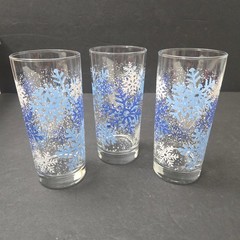 3pc VTG Libbey Blue White Snowflake Holiday Christmas Glasses Glass Tumbler
