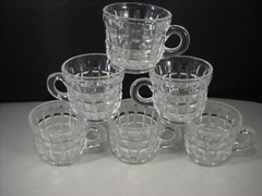 Vintage Clear Glass Punch Bowl Footed Glasses Handle Cube Block Pattern Set of 7
