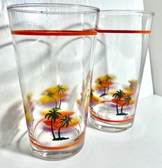 2Vintage Libbey Palm Trees Cooler Glasses,Highball MCM PalmTrees,tropical sunset