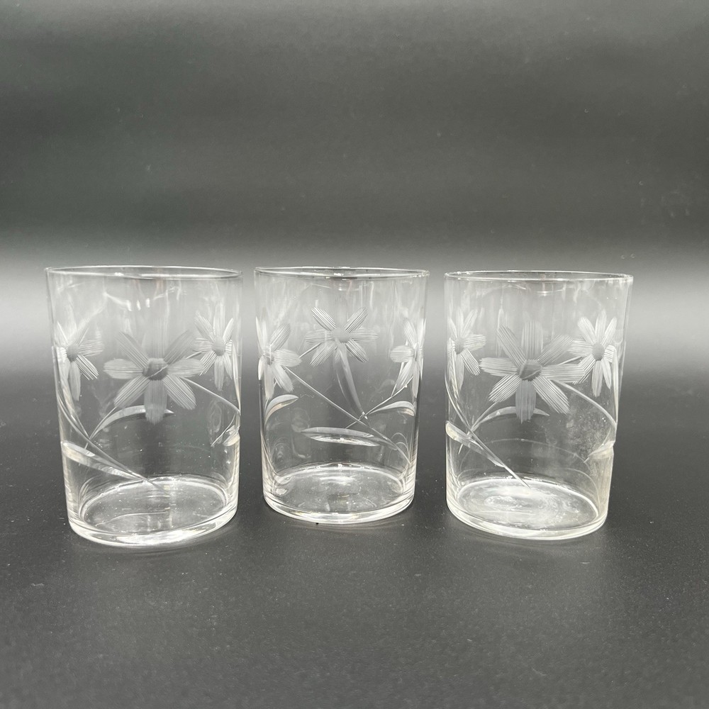 VTG Etched Crystal Tumblers Floral Daisy Mid-Century Modern Set of 3 MCM