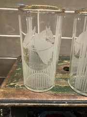 Vtg Pair Of Satin Etched Horse & Vertical Strips Gold Rim 4.75” Glasses