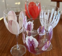 Wine Glass Set/4 Pink Red White Hand painted Florals