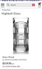 Set 2 Ralph Lauren GLEN PLAID Crystal Highball Glasses 14 oz. Tumblers 6.25″