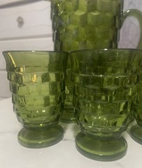 Vintage Indiana Whitehall Avocado Green Cubist Set Pitcher and 5 Glasses